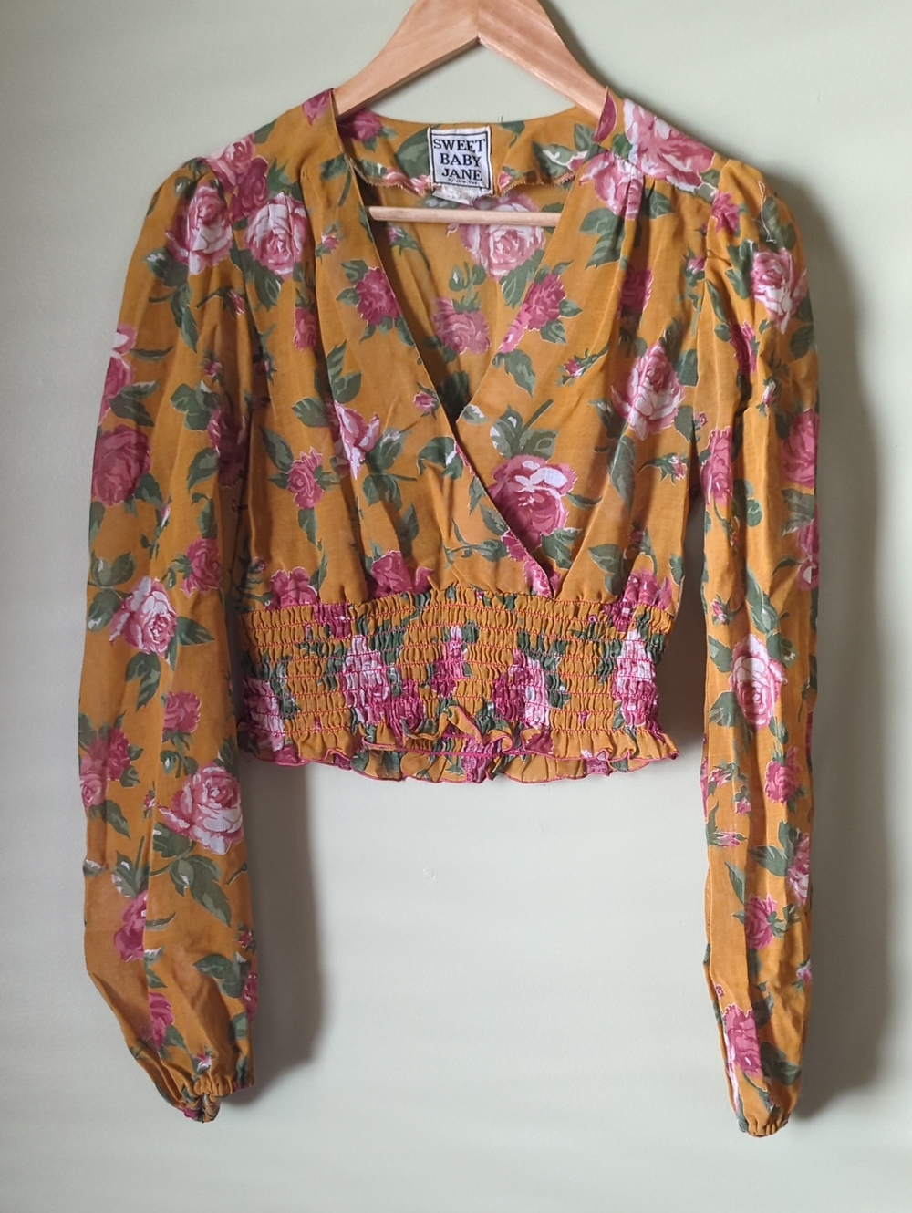 Darling Vintage Mustard Floral Smocked Wrap Crop Blouse